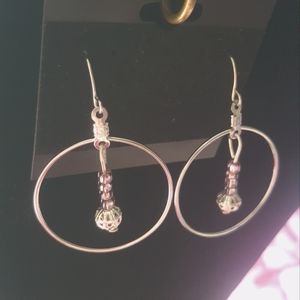 Purple Sea Glass Silver Beaded Hoop Drop Earrings